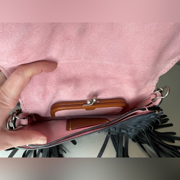 Coach Tea Rose Fringe Dinky Shoulder Bag Limited Edition Black & Bright Pink - Picture 6 of 7